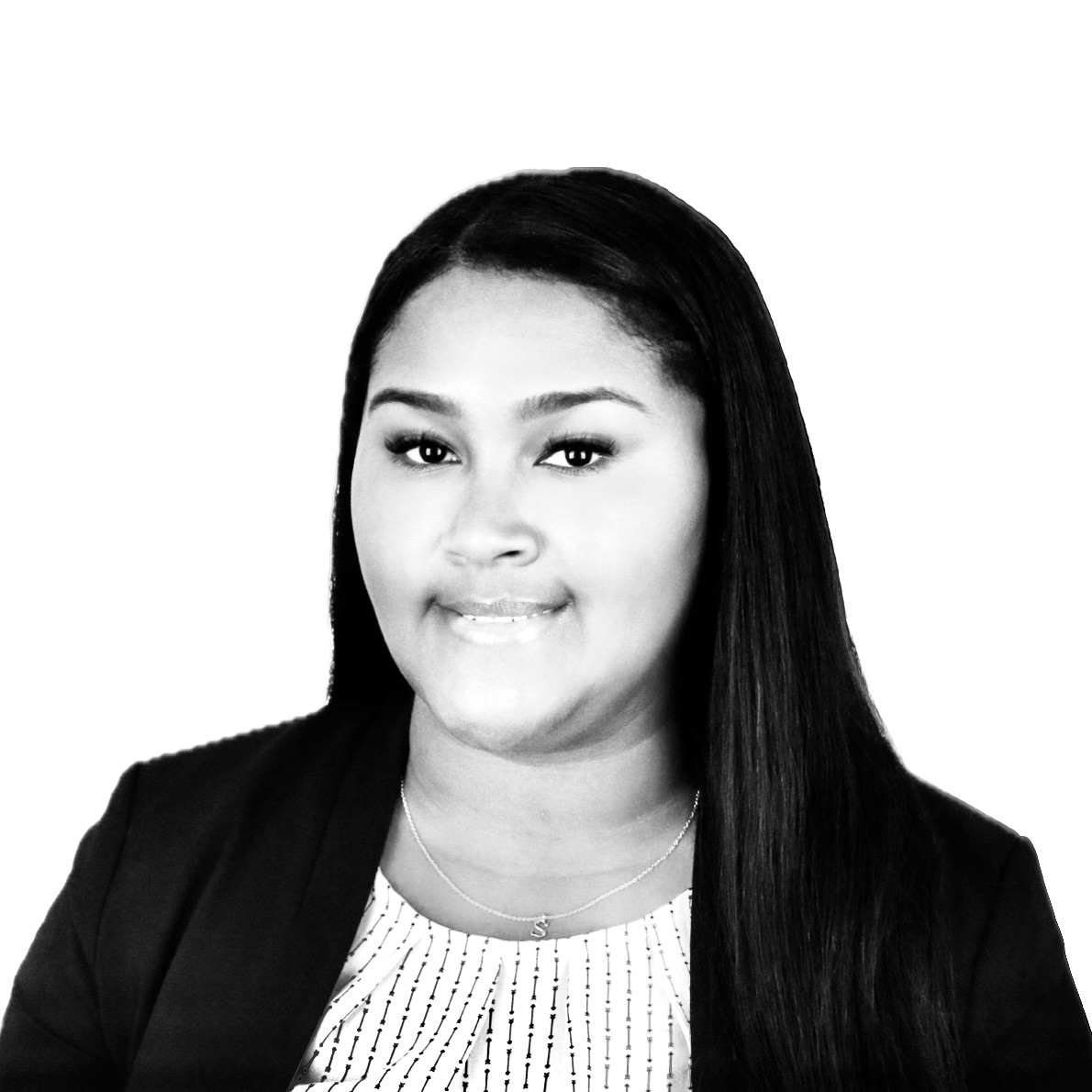 Professional headshot of a smiling woman with long dark hair, wearing a blazer against a white background (black-and-white).