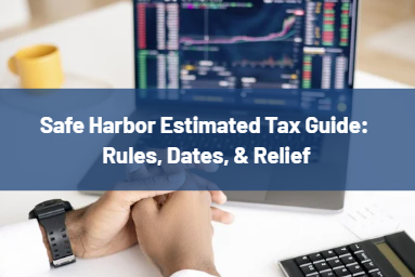 Screenshot 2026-06-02 150211 - Evans Sternau CPA - Evans Sternau CPA Banner displaying 'Safe Harbor Estimated Tax Guide: Rules, Dates, & Relief' over a person typing on a laptop, stock charts in the background.
